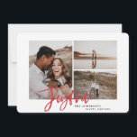 Joyful multi-photokerstkaart feestdagenkaart<br><div class="desc">Joyful multi-foto kerstkaart. Festive rode manuscripttekst met een moderne rand. Handbeschilderde gestreepte rugleuning. Verander de pakketkleur om aan te passen.</div>