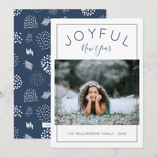 Joyful nieuwjaarsfotokaart | Navy Blue Feestdagenkaart (Voorkant / Achterkant)