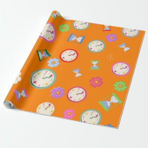 Joyful oranje klokken en bloemen party cadeaupapier