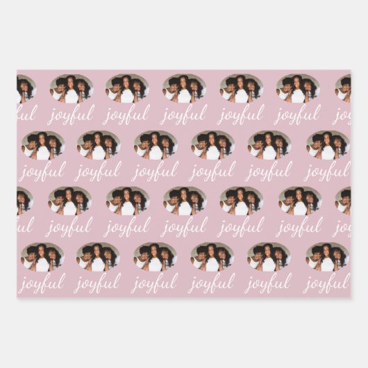 Joyful Pastel Pink Script Kerstfeestdag Foto Inpakpapier Vel (Voorkant)
