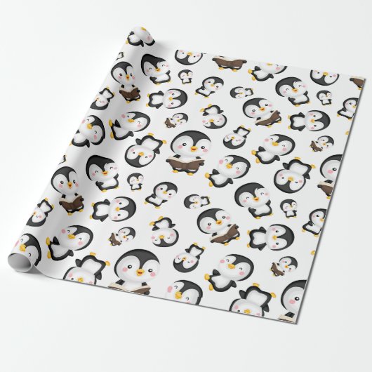 Joyful Penguins on White Cadeaupapier (Uitgerold)