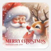 Joyful Personalized Santa and Rudolph Christmas   Vierkante Sticker (Voorkant)