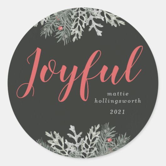 Joyful Photo Winter Floral Red Holiday Ronde Sticker (Voorkant)