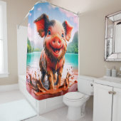 Joyful Piglet in Mud Bath - grillige Boerderij Art Douchegordijn (In situ)