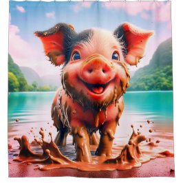 Joyful Piglet in Mud Bath - grillige Boerderij Art Douchegordijn