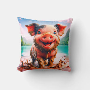 Joyful Piglet in Mud Bath - grillige Boerderij Art Kussen