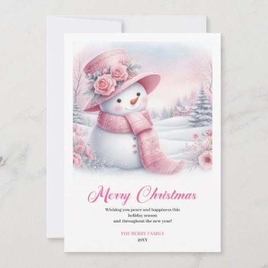 Joyful pink snowman Christmas greeting card digita Feestdagenkaart (Voorkant)