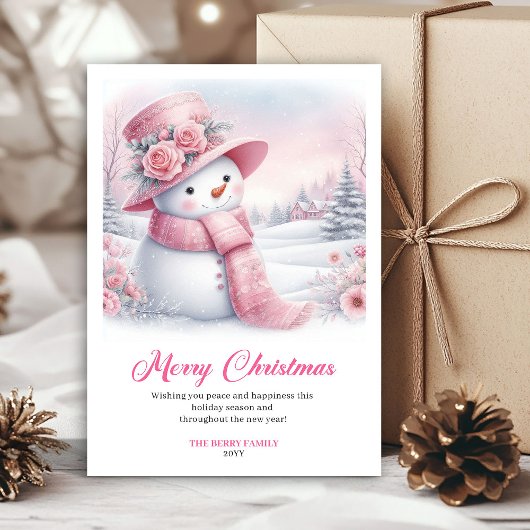 Joyful pink snowman Christmas greeting card digita Feestdagenkaart