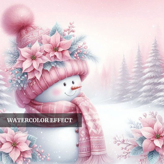 Joyful pink snowman Christmas greeting card digita Feestdagenkaart