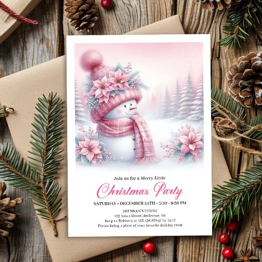 Joyful Pink Snowman Kids Download Christmas Invite Kaart