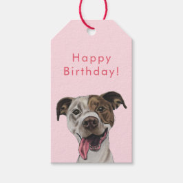 Joyful Pit Bull Dog Tekening | Fijne verjaardag Cadeaulabel
