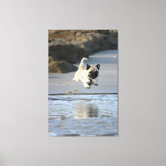 Joyful Pug Leaping by the Ocean Canvas Afdruk (Voorkant)