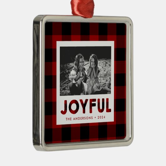 Joyful Red Buffalo Plaid Foto Kerst Ornament (Rechts)