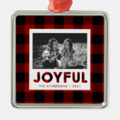 Joyful Red Buffalo Plaid Foto Kerst Ornament (Voorkant)