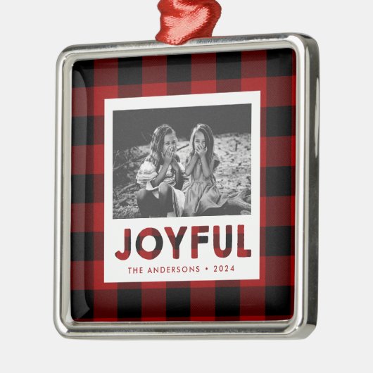 Joyful Red Buffalo Plaid Foto Kerst Ornament (Links)