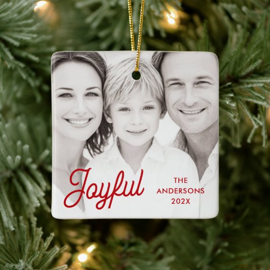 Joyful red festive retro font name year photo keramisch ornament (Boom)