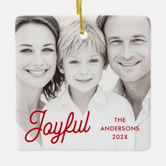 Joyful red festive retro font name year photo keramisch ornament (Voorkant)