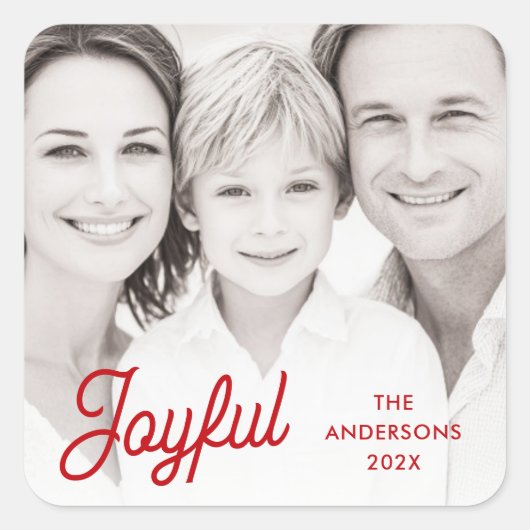 Joyful red festive retro font name year photo vierkante sticker (Voorkant)