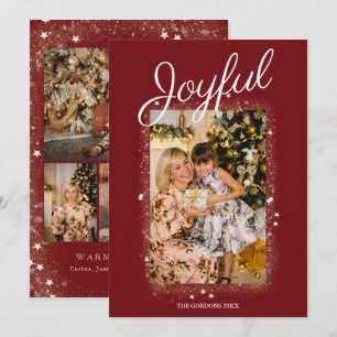 Joyful Red Photo Collage Gold Stars Stof Vakantie Feestdagenkaart