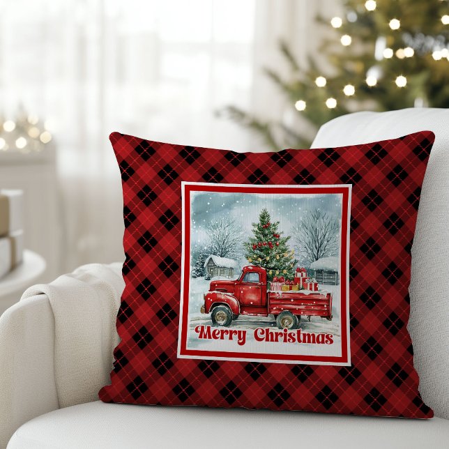 Joyful red truck Christmas scene rustic festive  Kussen (Joyful red truck Christmas scene rustic festive pillow art

)