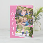 Joyful roze 3 Kinder fotocollage Schattigee kerst Feestdagenkaart (Staand voorkant)
