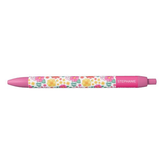 Joyful Roze Sinaasappel Geel Bloemen Gepersonalise Zwarte Inkt Pen (Voorkant)