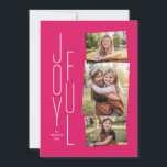 Joyful roze vakantieffotocollage feestdagenkaart<br><div class="desc">Een moderne,  gestapelde joyful typeverwerking zit naast een collage van drie foto's op een trendy roze achtergrond. De gestreepte coördinerende backer is een passende kleur. Deze vakantiekaart is de perfecte manier om vrolijke kerstcadeautjes te sturen.</div>