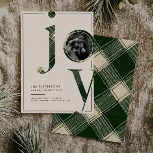 Joyful Rustic Green Gingham Family Photo Christmas Feestdagenkaart