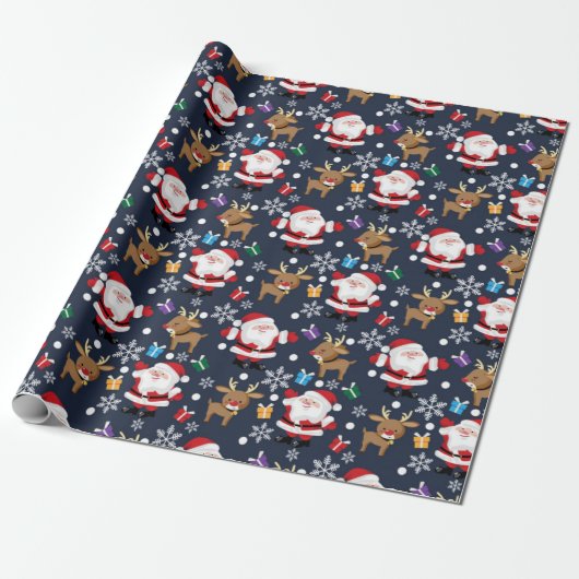 Joyful Santa and Reindeer Pattern Cadeaupapier (Uitgerold)
