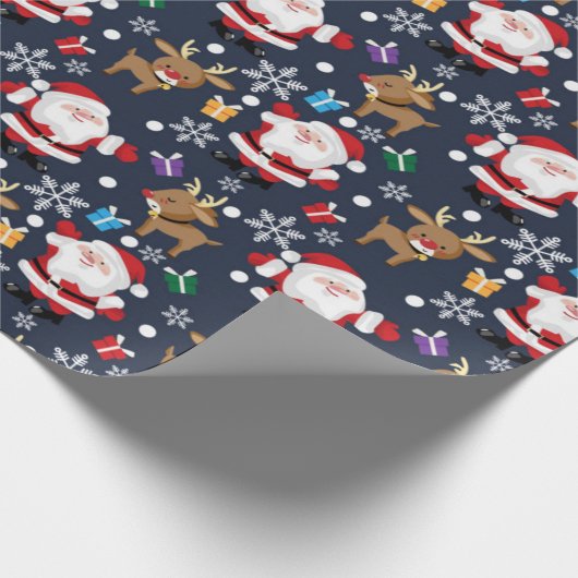 Joyful Santa and Reindeer Pattern Cadeaupapier (Hoek)