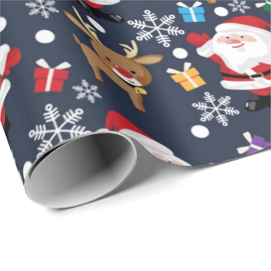 Joyful Santa and Reindeer Pattern Cadeaupapier (Rol Hoek)