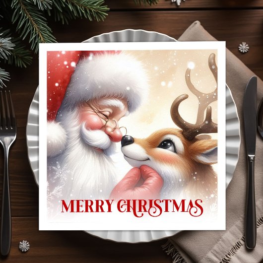 Joyful Santa and Rudolph Christmas Napkins Dinner  Servet