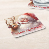 Joyful Santa and Rudolph Cute Christmas Coasters Kartonnen Onderzetters (Schuin)