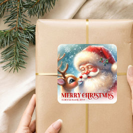 Joyful Santa Rudolph Personalized Christmas Kids   Vierkante Sticker