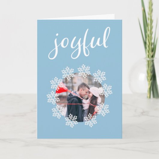 Joyful Script Blue Snowflake Lijst Foto Feestdagen Kaart (Voorkant)