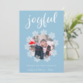 Joyful Script Blue Snowflake Lijst Foto Feestdagenkaart (Staand voorkant)