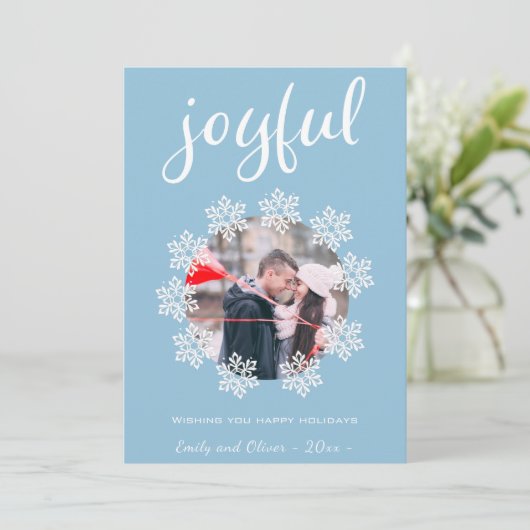 Joyful Script Blue Snowflake Lijst Foto Feestdagenkaart (Staand voorkant)