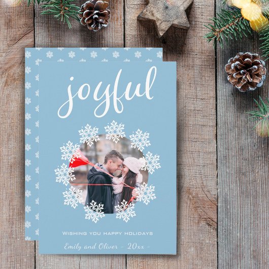 Joyful Script Blue Snowflake Lijst Foto Feestdagenkaart