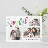 Joyful Script Colorful Holiday 3 Foto Collage Feestdagenkaart (Staand voorkant)