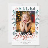 Joyful Script Lettering Holly Berries Foto Feestdagenkaart (Voorkant)