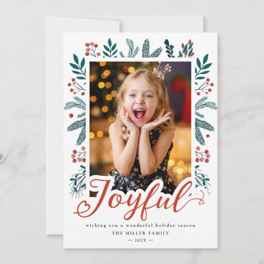 Joyful Script Lettering Holly Berries Foto Feestdagenkaart (Voorkant)