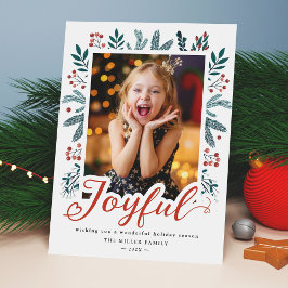 Joyful Script Lettering Holly Berries Foto Feestdagenkaart