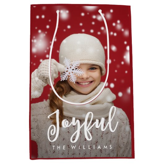 Joyful Script Moderne Kerstmis | Holiday-foto Medium Cadeauzakje (Voorkant)