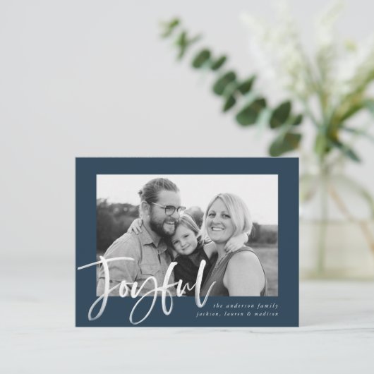 Joyful Script | Navy Holiday Foto Briefkaart (Staand voorkant)
