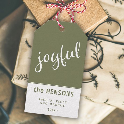 Joyful Script Olive Green Modern Holiday Cadeaulabel