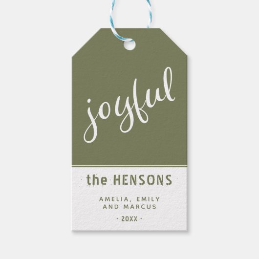 Joyful Script Olive Green Modern Holiday Cadeaulabel (Voorkant)