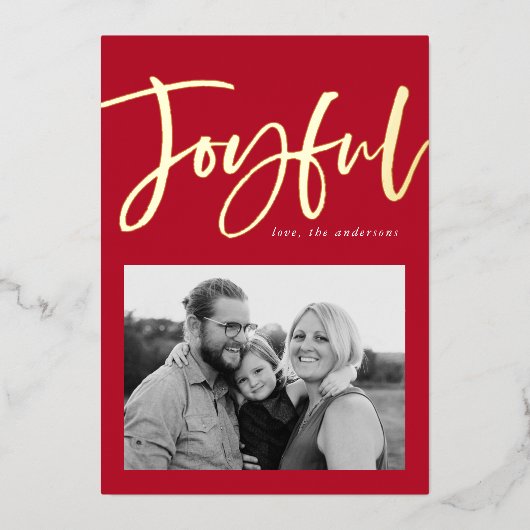 Joyful Script Red Photo Folie Feestdagenkaart (Voorkant)