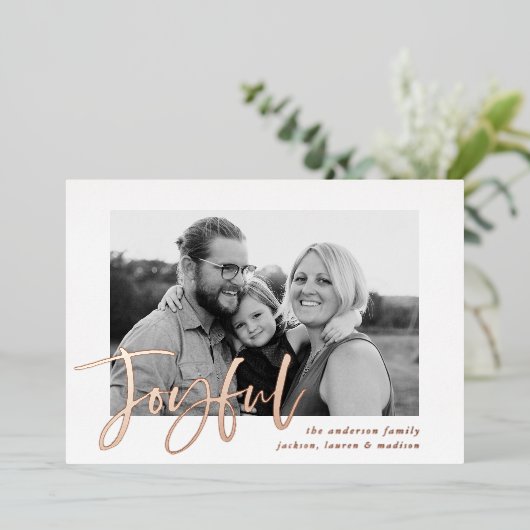Joyful Script Roos Gold Photo Folie Feestdagenkaart (Staand Voorkant)