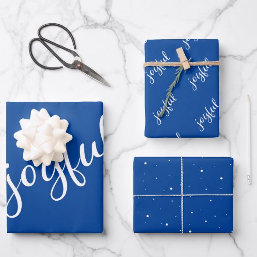 Joyful Script Snowflake Blue en White Holiday Inpakpapier Vel (Voorkant)