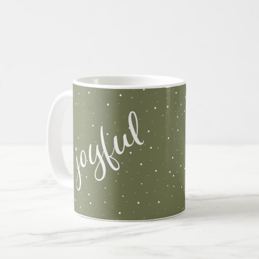 Joyful Script Snowflake Olive Green Holiday Koffiemok (Voorkant links)